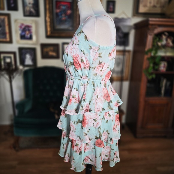 Trixxi Mint Floral Ruffle Tiered Mini Dress Spaghetti Straps - Picture 5 of 6